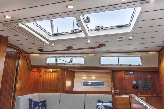 Twin saloon skylights, large opening side portlights and two saloon hull portlights contribute to loads of natural light