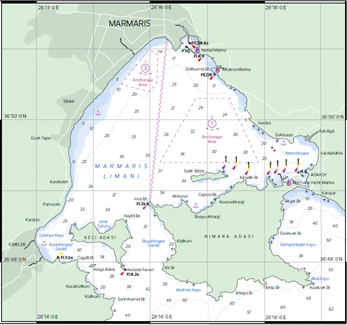 Map of Marmaris Gulf with the marinas 